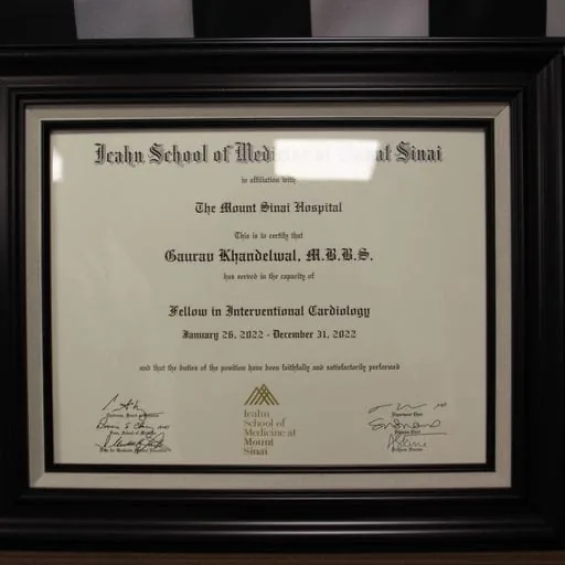 Fellowship certificate from Mount Sinai Hospital